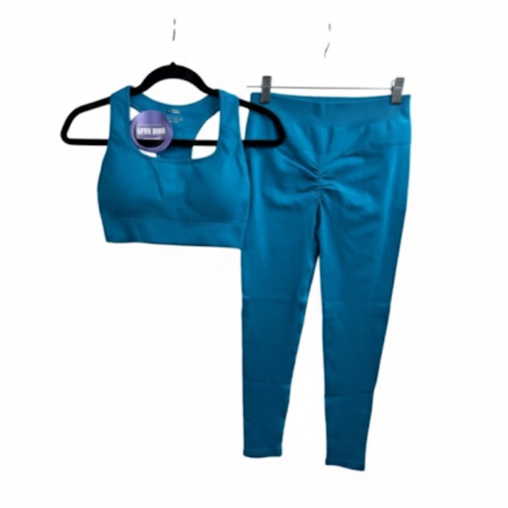NWT Spice Union Teal Crop Bra w/ Scrunch Leggings Seamless Ribbed Work-Out Set